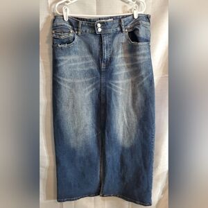 Size 16 Classic Blue Distressed Denim Jean Maxi Skirt Back Slit